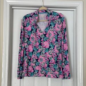 Lilly Pulitzer Pink and Blue Floral Tunic Top W/ Drawstring V-neck Medium